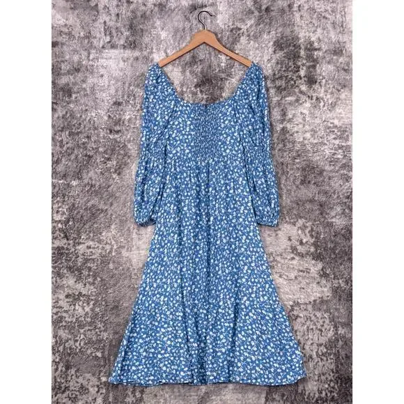 New Reformation Dress 2 Womens Mica Blue Floral Puff Tiered Sleeve Midi - Picture 3 of 9